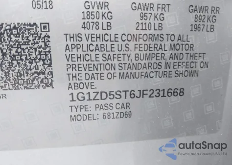 2018 Chevrolet Malibu Lt из США, поврежденный, VIN 1G1ZD5ST6JF231668